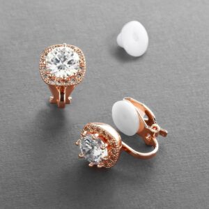 Mariell Rose Gold Cubic Zirconia Crystal Clip-On Earrings, 10mm CZ Stud for Brides, Birthday Gift