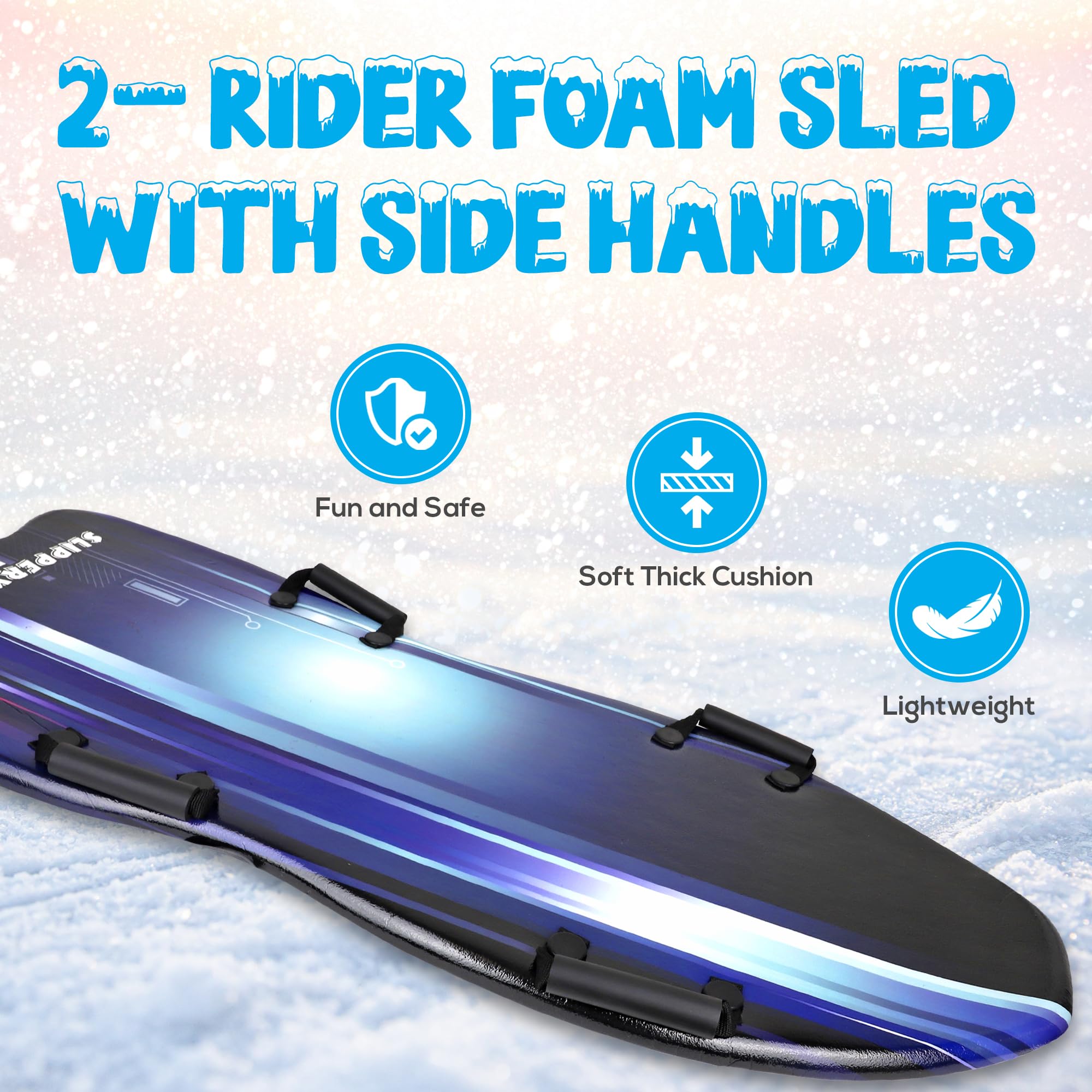 Slippery Racer Downhill Falcon Adults and Kids Foam Toboggan Snow Sled for Up to 2 Riders with Handles, Midnight Hologram Blue (1 Pack)