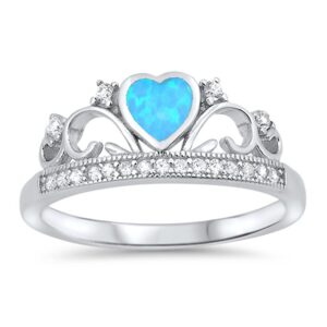 Blue Simulated Opal Heart Tiara Crown Promise Ring 925 Sterling Silver Band Size 6