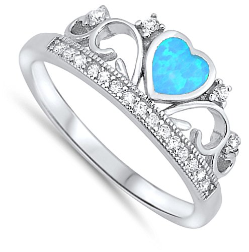 Blue Simulated Opal Heart Tiara Crown Promise Ring 925 Sterling Silver Band Size 6