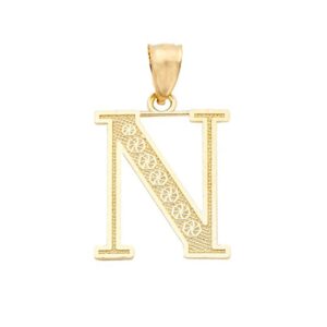 LoveBling 10K Yellow Gold Diamond Cut A to Z Alphabet Initial Letter Charm Pendant (Medium Size) (N) (1.17")