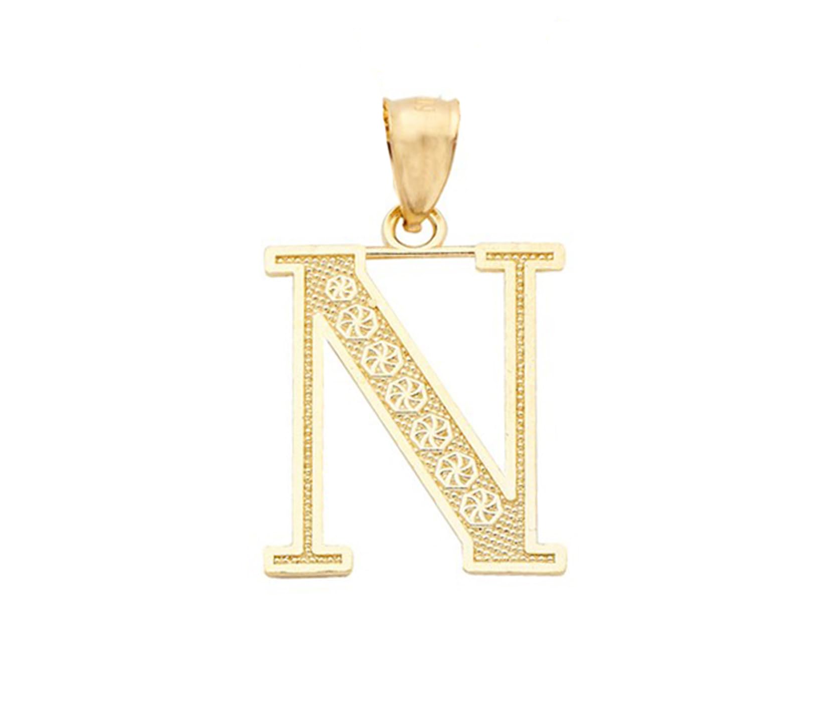 LoveBling 10K Yellow Gold Diamond Cut A to Z Alphabet Initial Letter Charm Pendant (Medium Size) (N) (1.17")