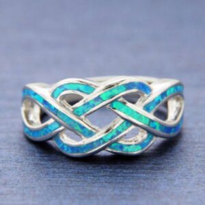 Crisscross Infinity Celtic Created Blue Opal Ring 925 Sterling Silver, Size - 8