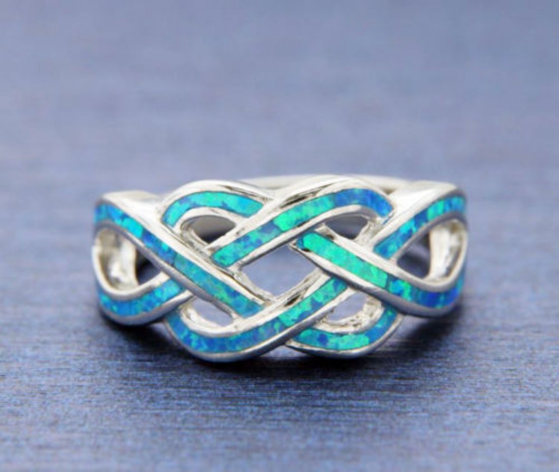 Crisscross Infinity Celtic Created Blue Opal Ring 925 Sterling Silver, Size - 8