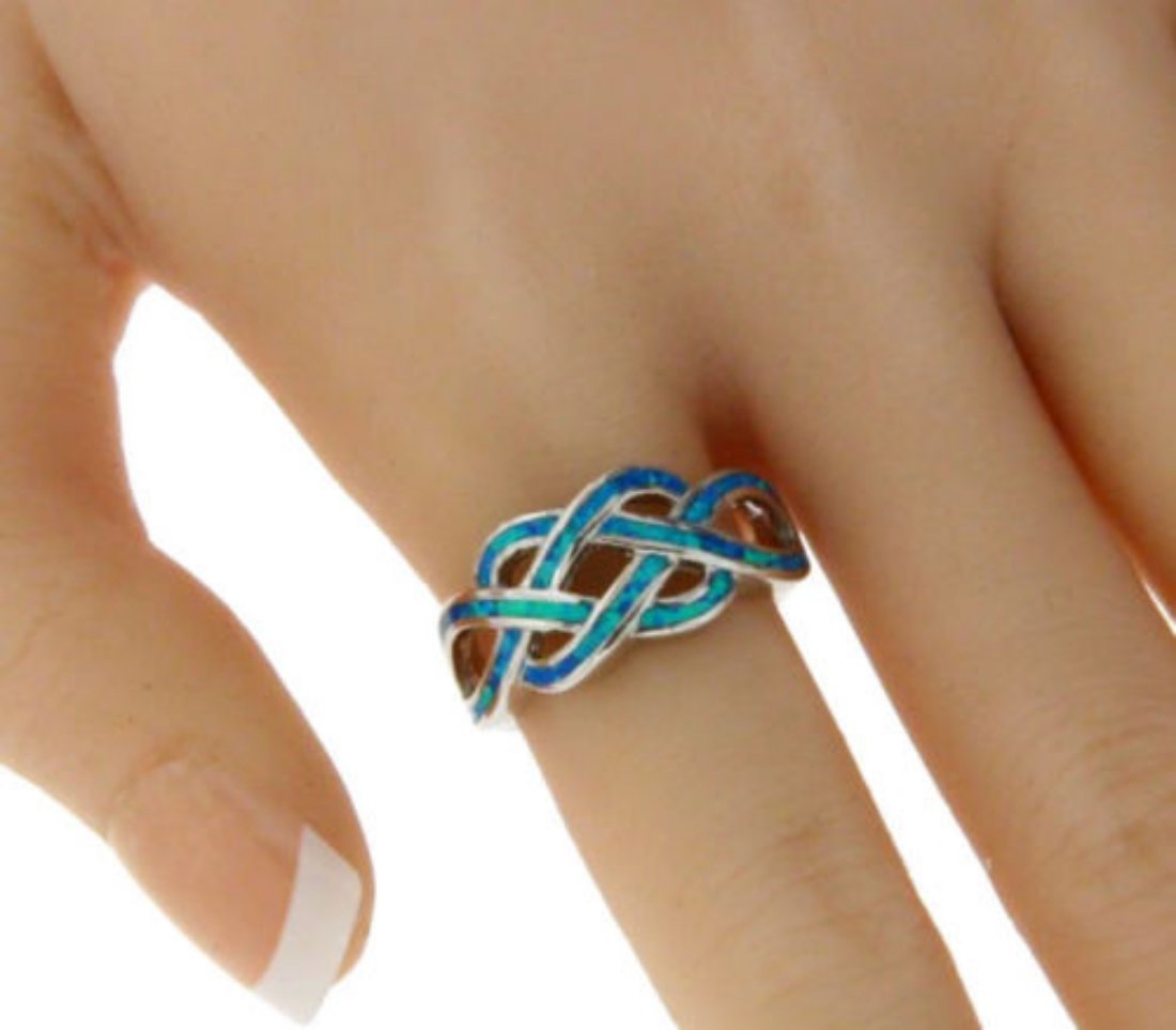 Crisscross Infinity Celtic Created Blue Opal Ring 925 Sterling Silver, Size - 8