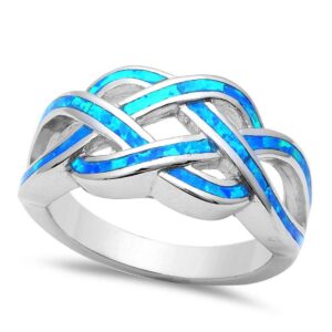 Crisscross Infinity Celtic Created Blue Opal Ring 925 Sterling Silver, Size - 8