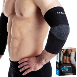 mava sports elbow sleeve weightlifting bamboo elbow brace compression support sleeve for tendonitis, tennis, golf elbow treatment - reduce elbow joint pain (black,small)