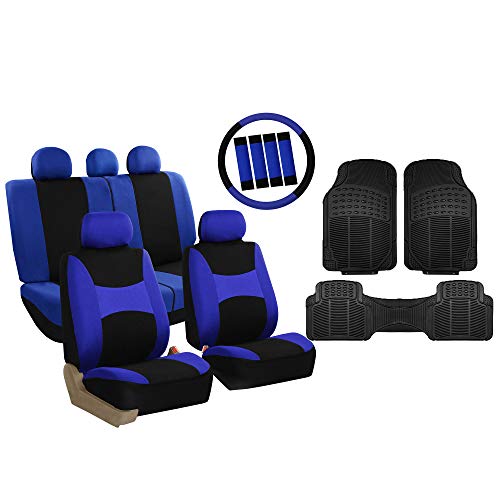 FH Group Light & Breezy Cloth Full Set Car Seat Covers (Blue/Black) Combo Set: Steering Wheel Cover, Seat Belt Pads and Black Vinyl Floor Mats – Universal Fit for Cars Trucks & SUVs