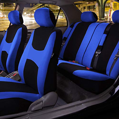 FH Group Light & Breezy Cloth Full Set Car Seat Covers (Blue/Black) Combo Set: Steering Wheel Cover, Seat Belt Pads and Black Vinyl Floor Mats – Universal Fit for Cars Trucks & SUVs