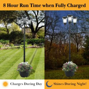 Sun-Ray 312016 Avalon 3-Head Solar Lamp Post and Planter, 7 ft, Black, Batteries Included