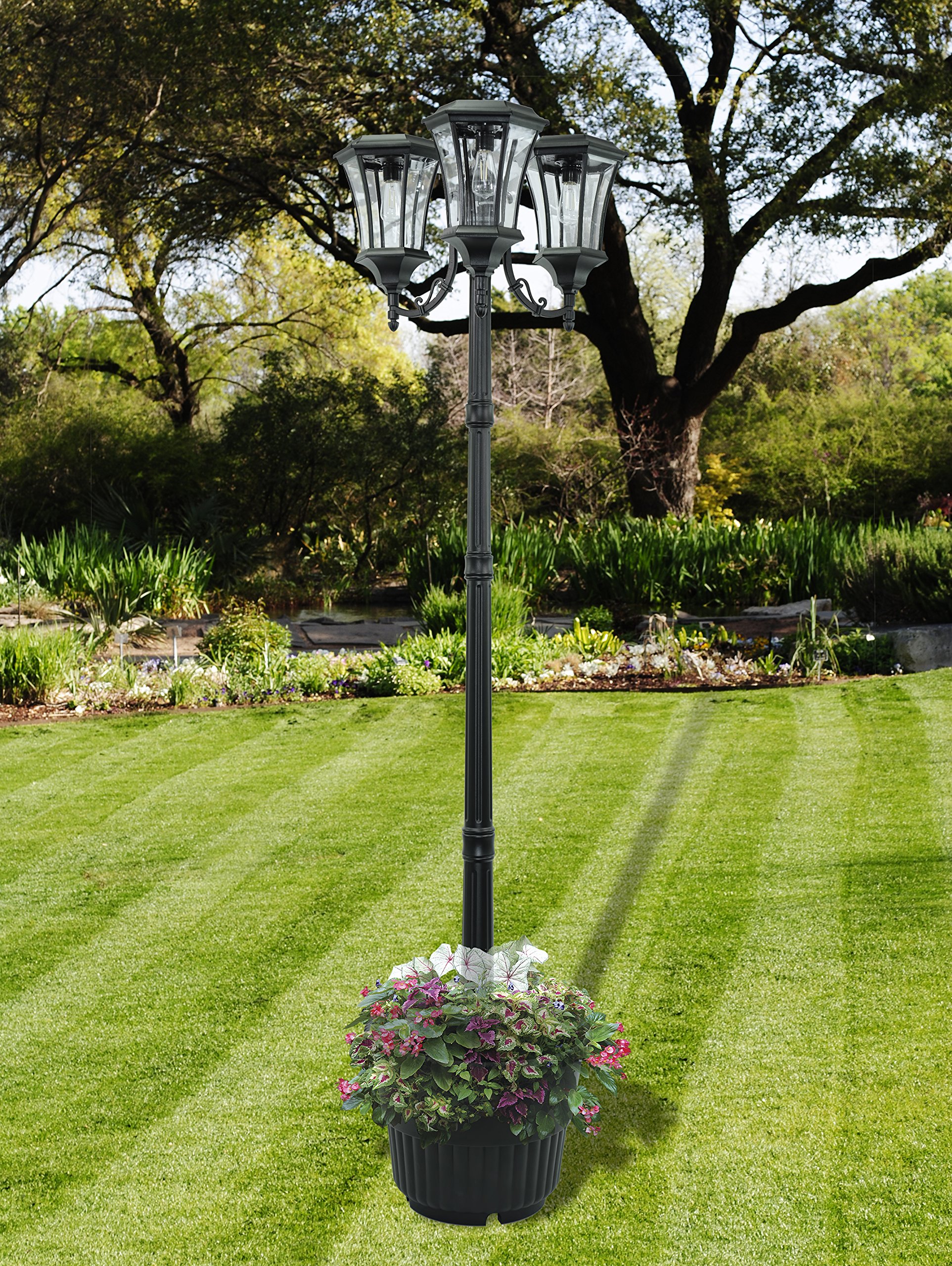 Sun-Ray 312016 Avalon 3-Head Solar Lamp Post and Planter, 7 ft, Black, Batteries Included