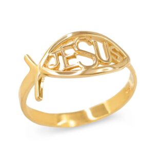 modern contemporary rings jesus ichthus christian fish ring in fine 14k yellow gold (size 9)