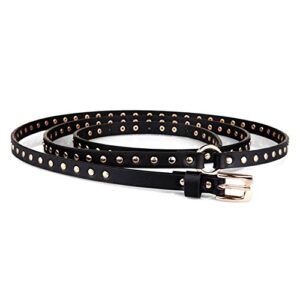 moyoto women's fashion black double punk thin studded genuine leather jean belt (200cm, black)