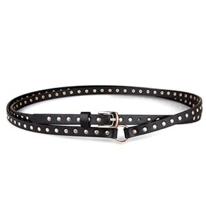 MoYoTo Women's Fashion Black Double Punk Thin Studded Genuine Leather Jean Belt (200CM, Black)