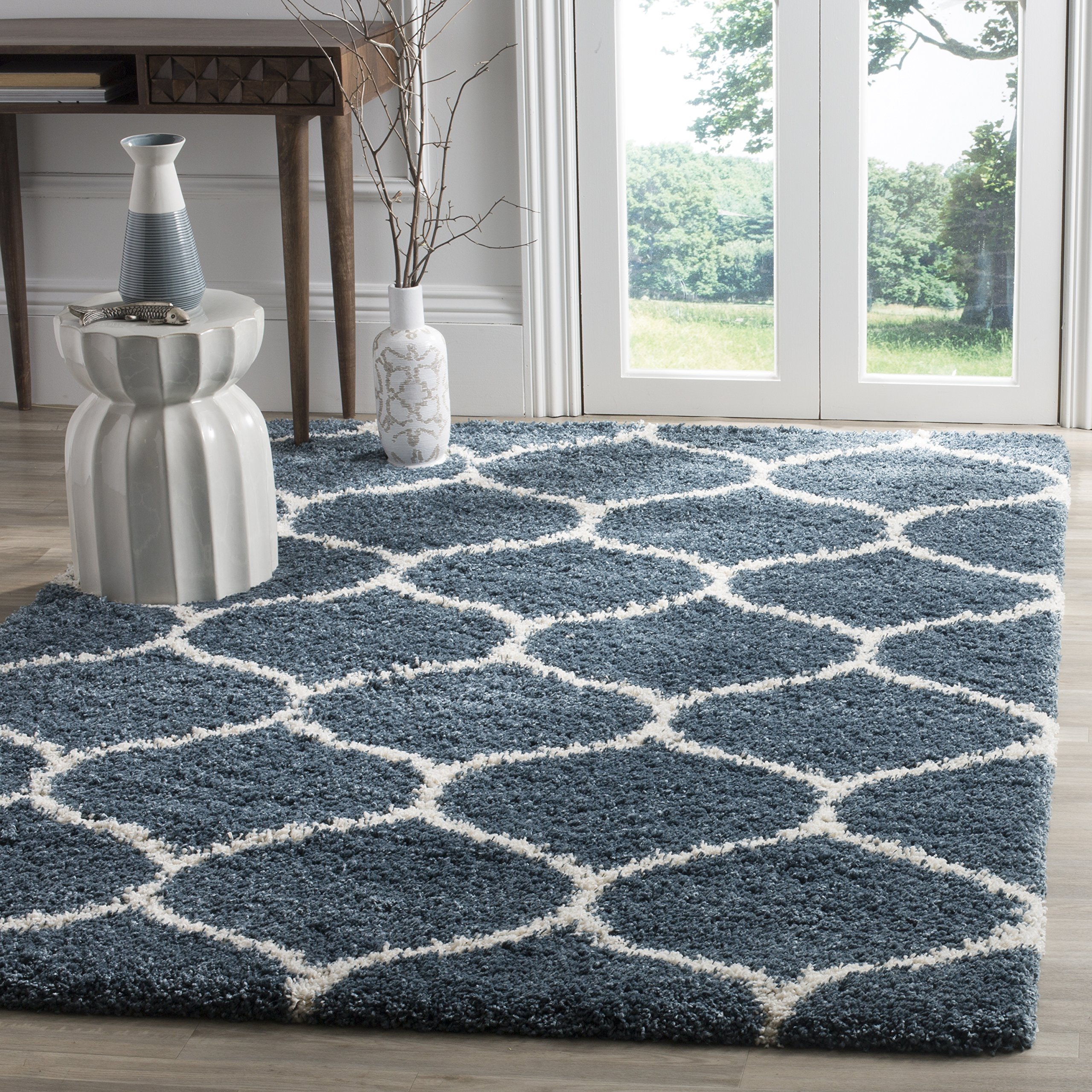 SAFAVIEH Hudson Shag Collection 7' Square Slate Blue/Ivory SGH280L Moroccan Ogee Trellis Non-Shedding Living Room Bedroom Dining Room Entryway Plush 2-inch Thick Area Rug