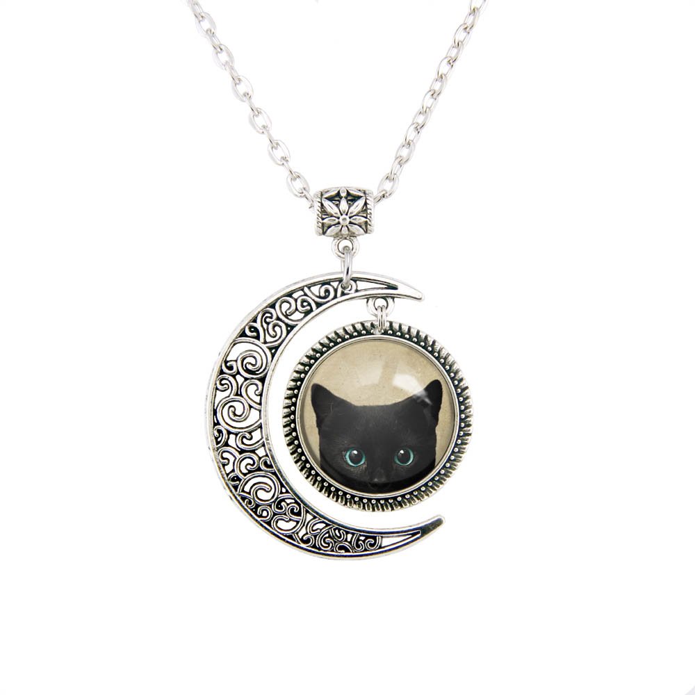 Moon Pendant Black Cat Pendant Necklace Black Cat Necklace Cute Black Cat Jewelry Fashion Gift for Woman