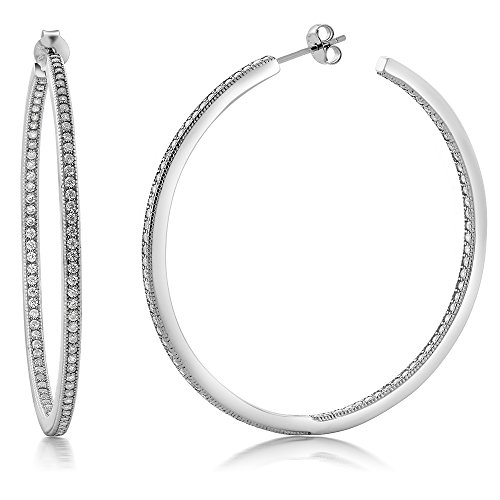 Gem Stone King 925 Sterling Silver Inside Out Hoop Earrings Pave Round White Cubic Zirconia CZ Jewelry Gift Birthday Valentine’s Day For Women Mom Wife Her (1.50 Cttw, 2.00 Inch = 52MM)