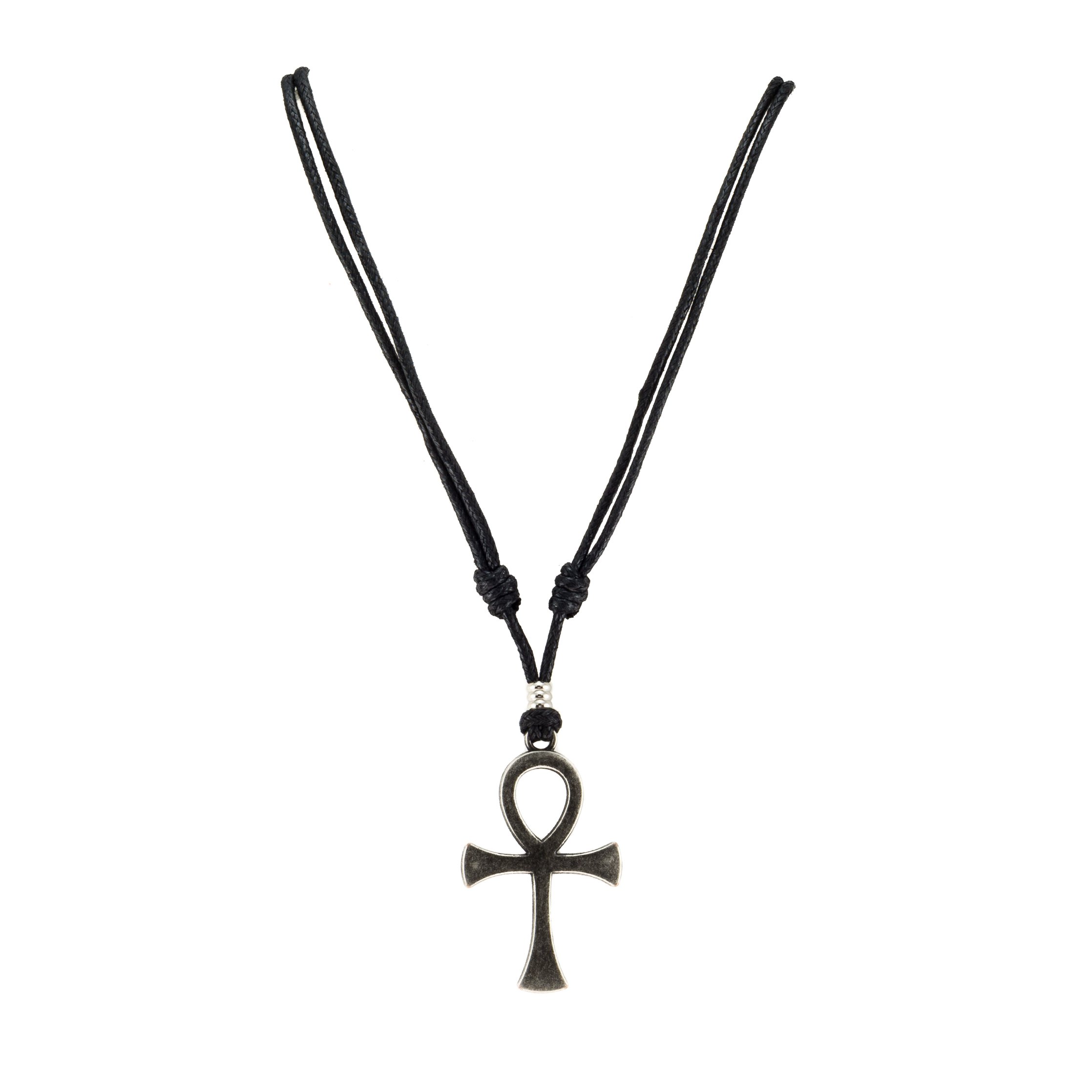 BlueRica Ankh Cross of Life on Adjustable Black Cord Necklace (Old Silver Finish)