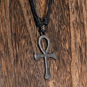 BlueRica Ankh Cross of Life on Adjustable Black Cord Necklace (Old Silver Finish)