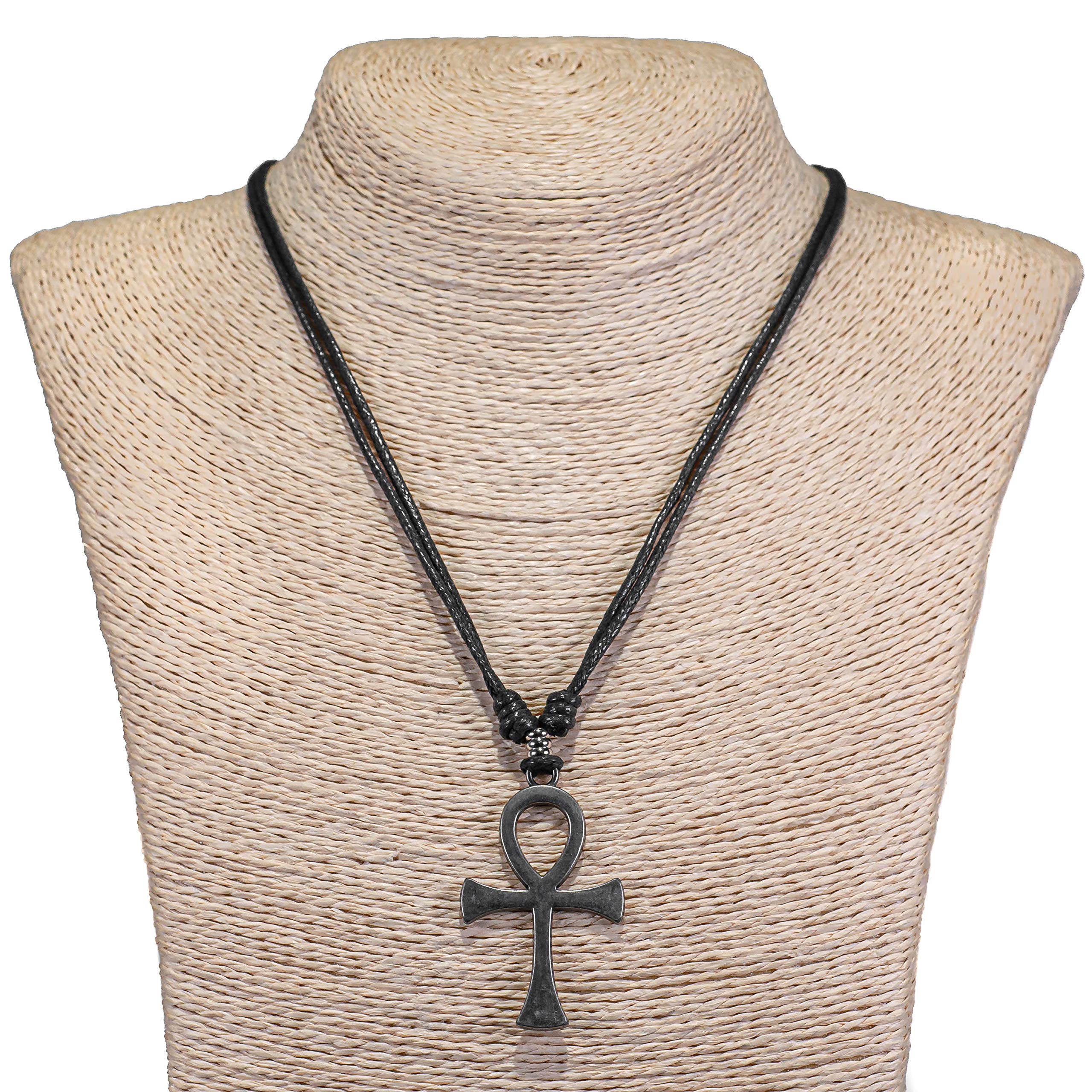 BlueRica Ankh Cross of Life on Adjustable Black Cord Necklace (Old Silver Finish)