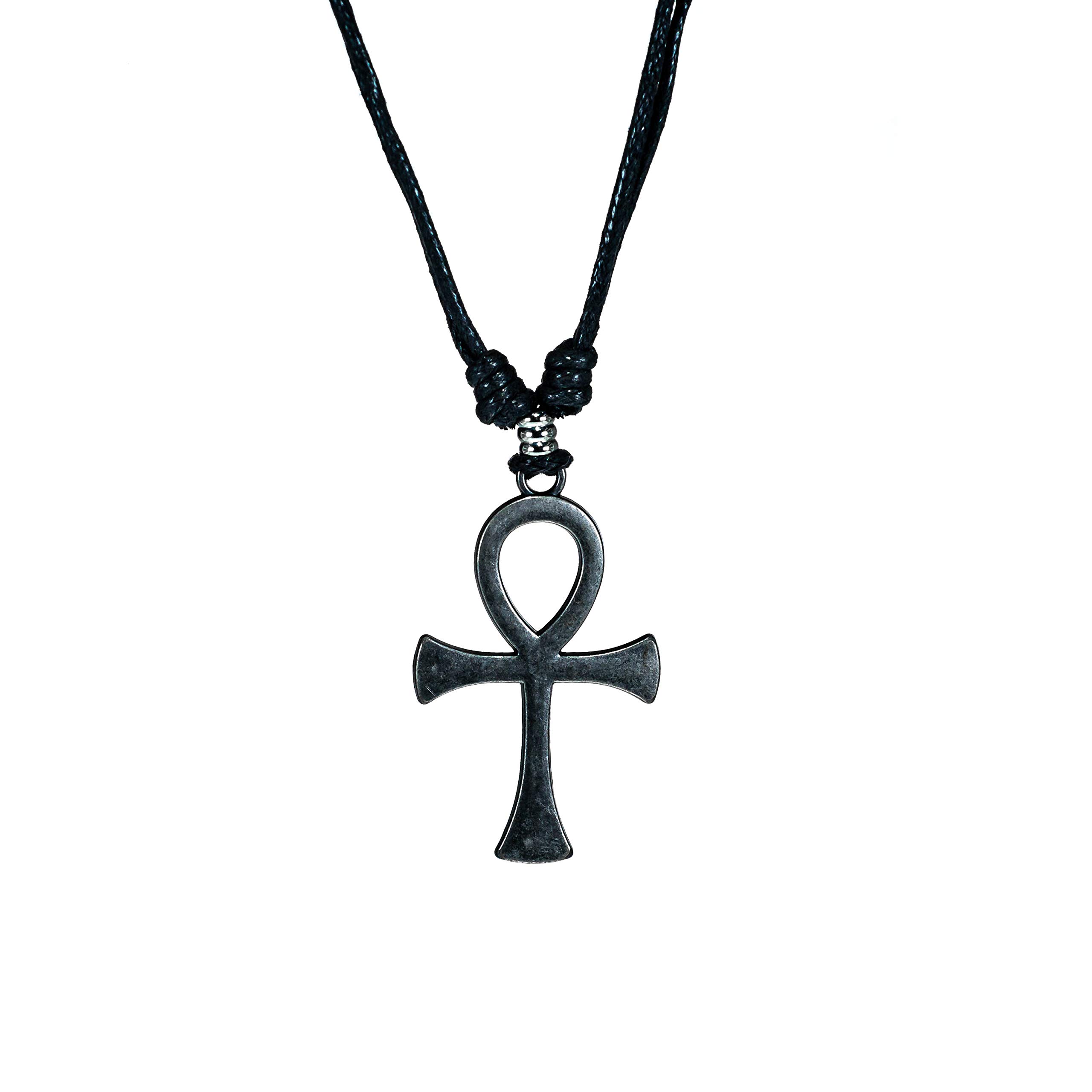 BlueRica Ankh Cross of Life on Adjustable Black Cord Necklace (Old Silver Finish)