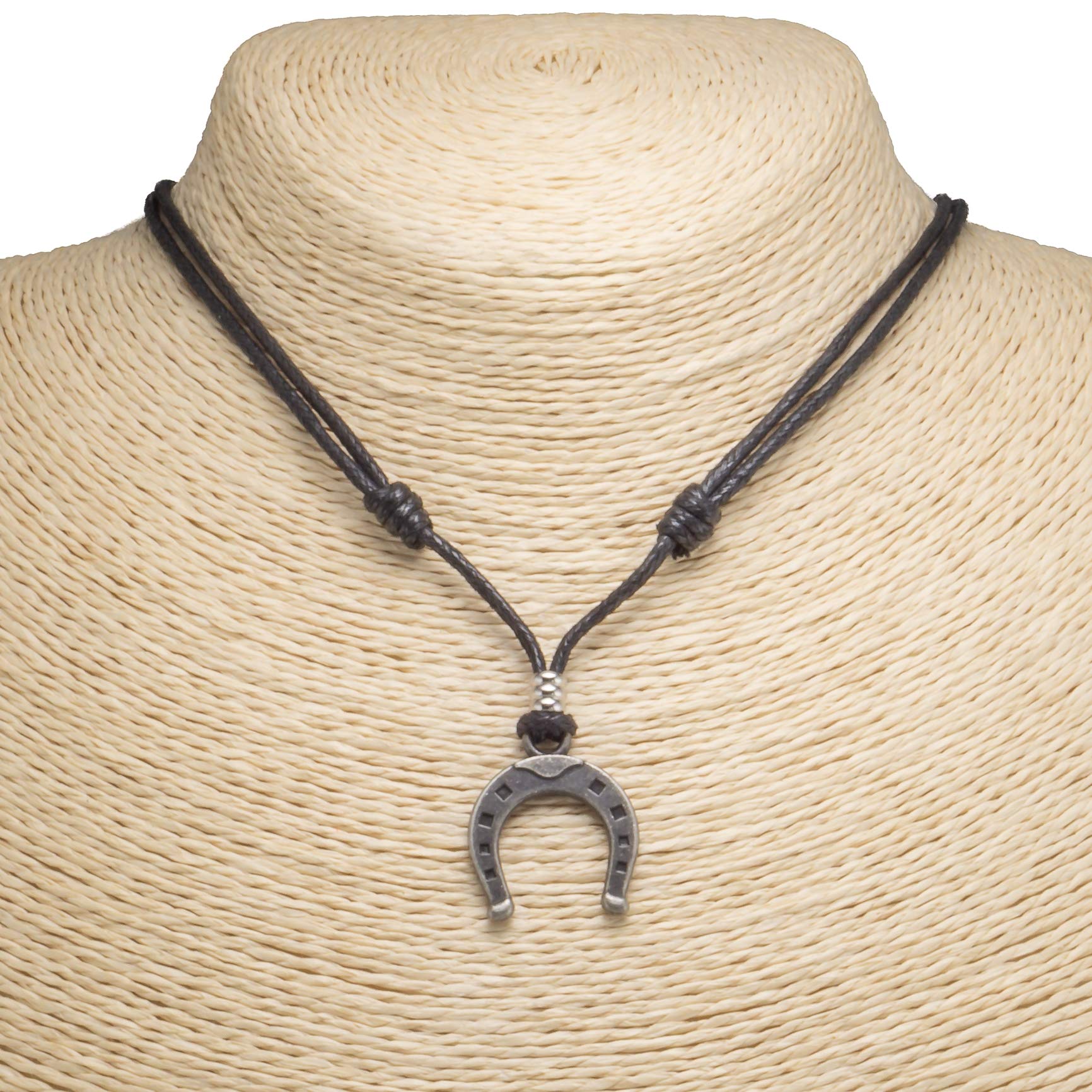 BlueRica Horseshoe on Adjustable Black Cord Necklace (Old Silver Finish)