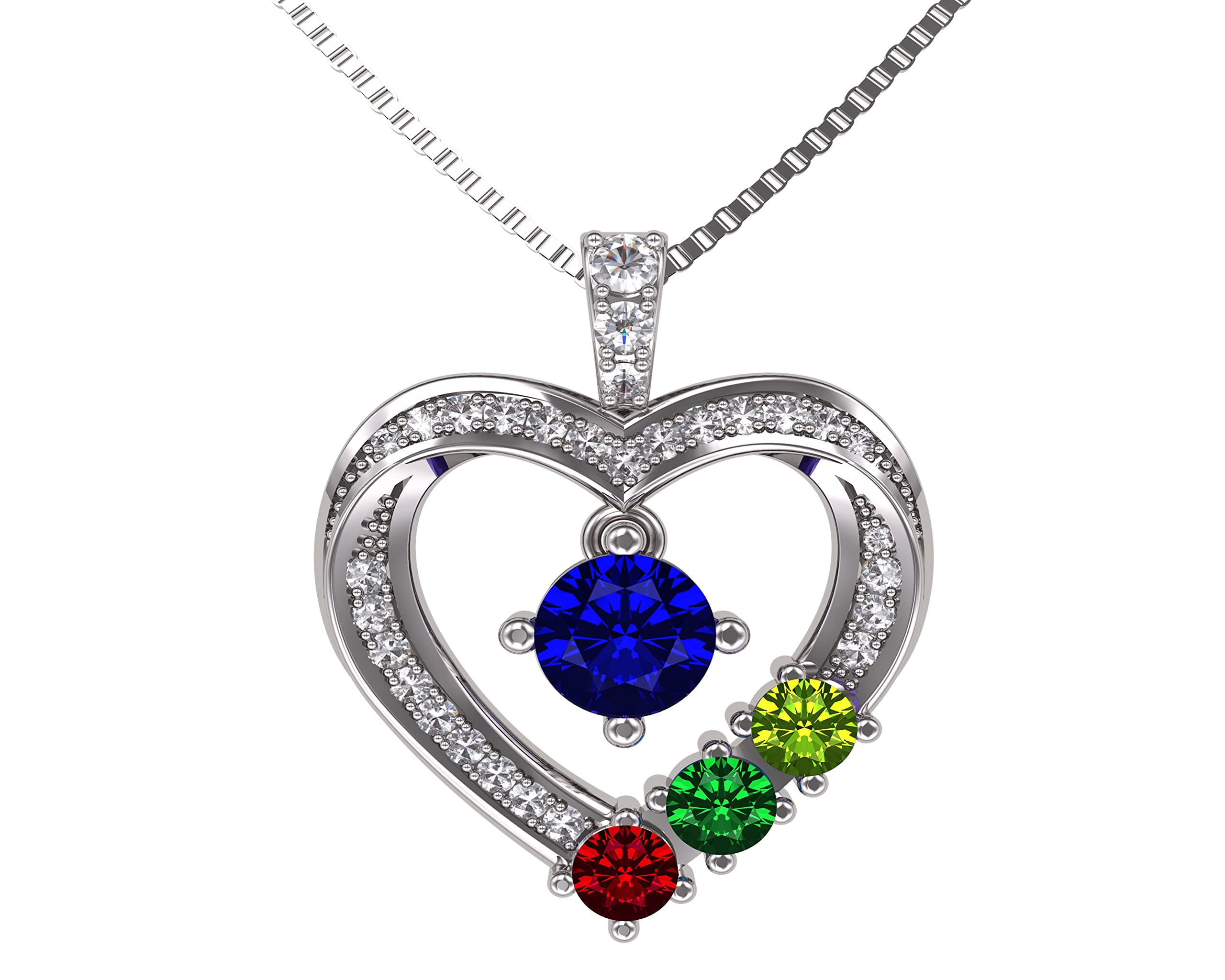 Central Diamond Center Mother & Child Heart Birthstone Necklace 1-6 Stones w/ 22" Adj. Box Chain -Silver Platinum Plated