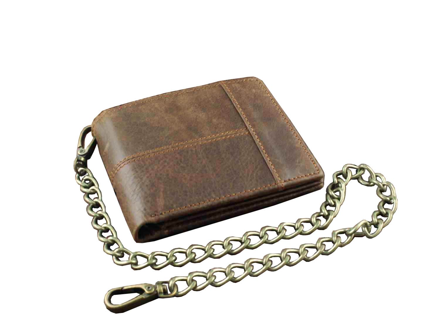 New Vintage Brown Leather Wallet With Chain Mens Bifold /Many Card Holder