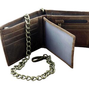 New Vintage Brown Leather Wallet With Chain Mens Bifold /Many Card Holder