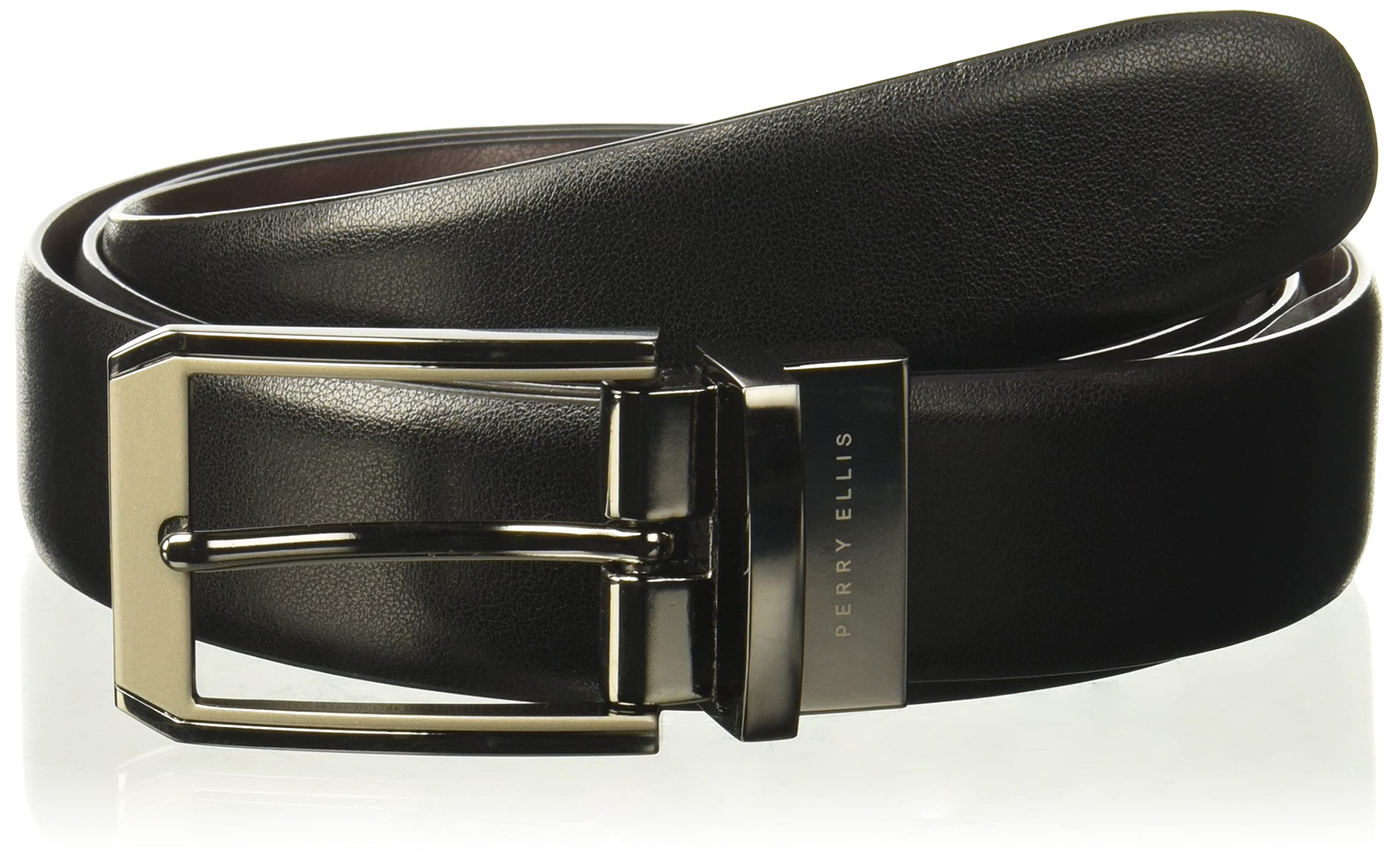 Perry Ellis Men's Portfolio 2-Tone Reversible Belt With Genuine Leather, Matte, Shine Buckle (Sizes 30-42 Inches), Blk20, 34