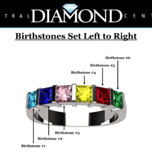 Central Diamond Center Princess Channel Set Mothers Ring with 1 to 6 Simulated Birthstones - Silver - Size 8