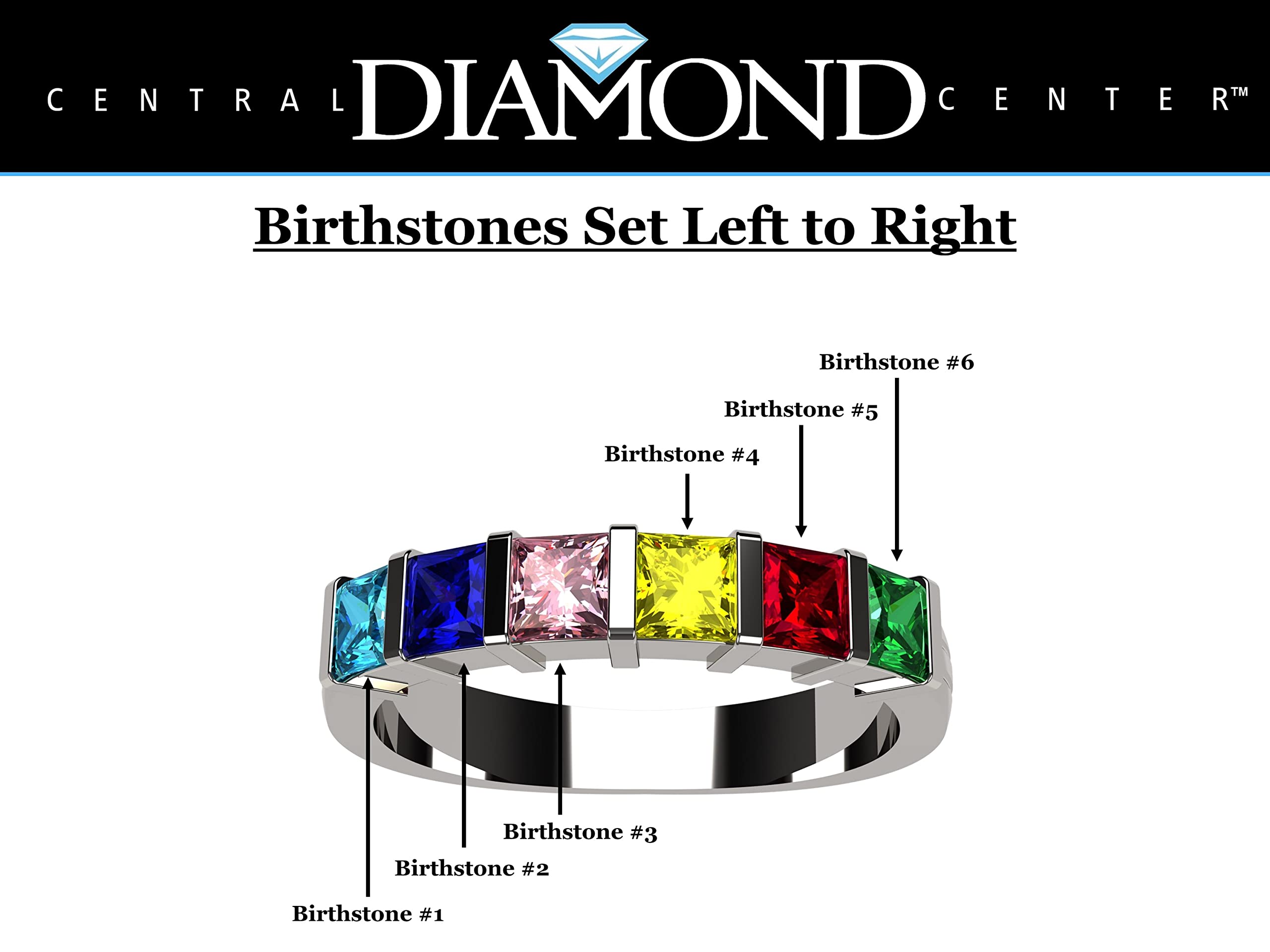 Central Diamond Center Princess Channel Set Mothers Ring with 1 to 6 Simulated Birthstones - Silver - Size 8