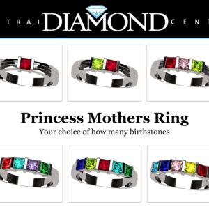 Central Diamond Center Princess Channel Set Mothers Ring with 1 to 6 Simulated Birthstones - Silver - Size 8