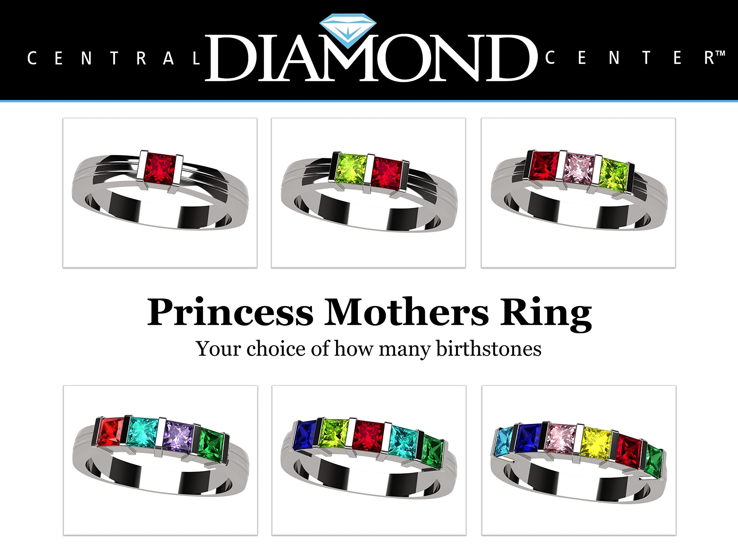 Central Diamond Center Princess Channel Set Mothers Ring with 1 to 6 Simulated Birthstones - Silver - Size 8