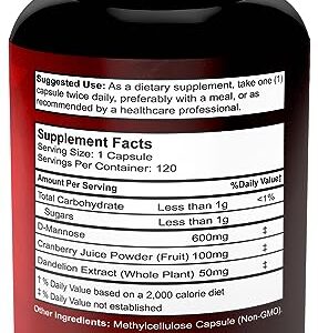 Divine Bounty D-Mannose Capsules - 600mg D Mannose Powder per Capsule with Cranberry and Dandelion Extract to Support Normal Urinary Tract Health - 120 Veggie Capsules