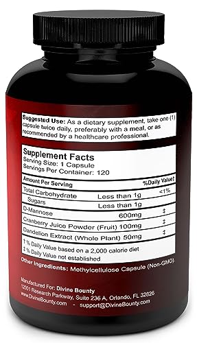 Divine Bounty D-Mannose Capsules - 600mg D Mannose Powder per Capsule with Cranberry and Dandelion Extract to Support Normal Urinary Tract Health - 120 Veggie Capsules