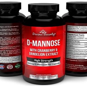 Divine Bounty D-Mannose Capsules - 600mg D Mannose Powder per Capsule with Cranberry and Dandelion Extract to Support Normal Urinary Tract Health - 120 Veggie Capsules