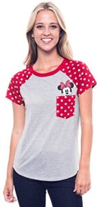 disney junior fashion contrast shoulder top minnie pocket, gray with red (large, grey)