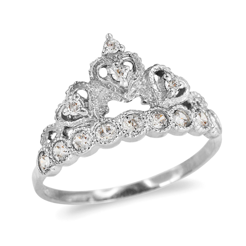 Quinceanera Jewelry Princess Crown CZ-Studded Ring in Dainty 10k White Gold (Size 10.5)