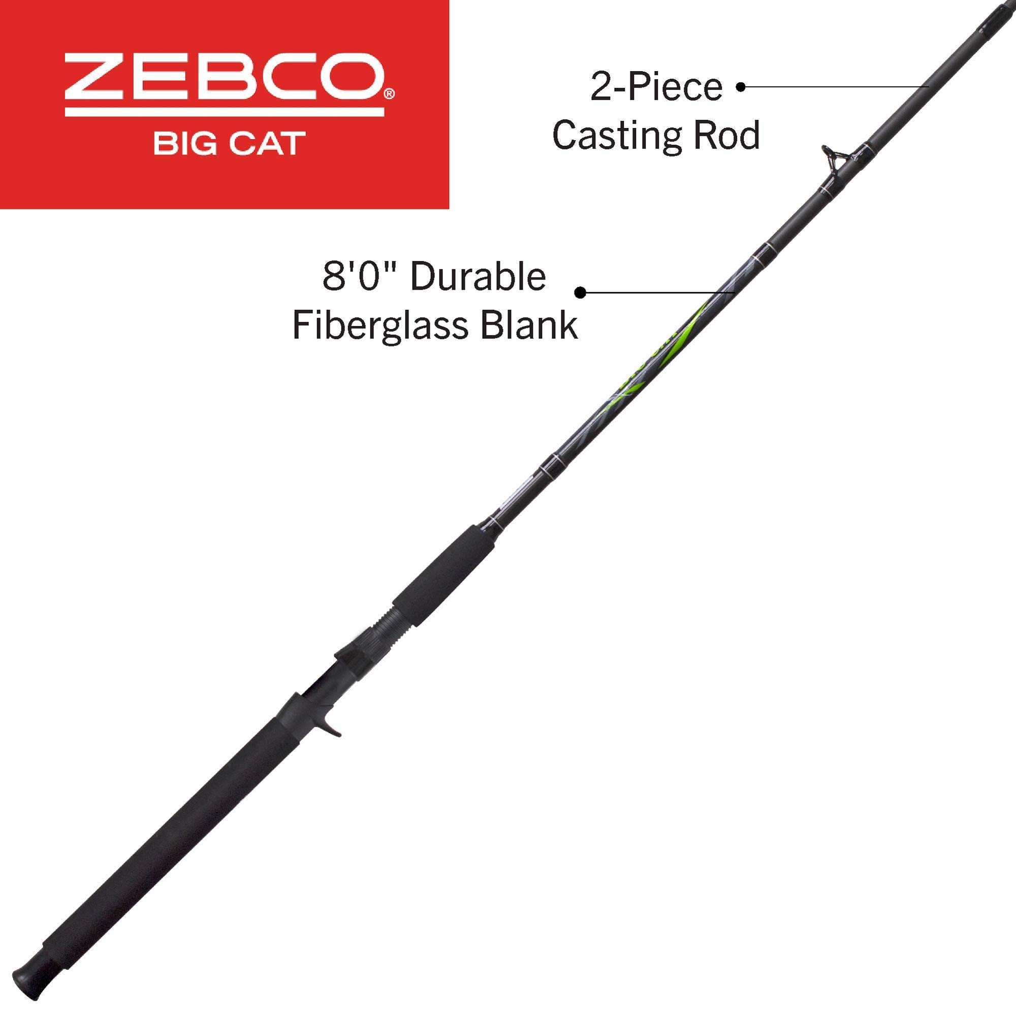 Zebco Big Cat Casting Fishing Rod, 8-Foot 2-Piece Fiberglass Fishing Pole, High-Visibility Rod Tip, Extended EVA Rod Handle, Shock-Ring Guides, Medium-Heavy Power, Black/Green