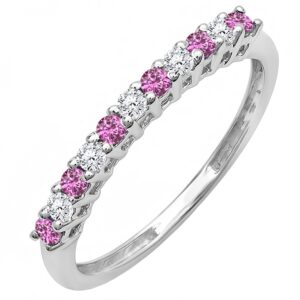 Dazzlingrock Collection 10K Round White Diamond & Pink Sapphire Ladies Anniversary Wedding Band, White Gold, Size 8