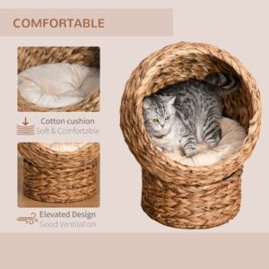 PawHut Handwoven Elevated Cat Bed with Soft Cushion & Cat Egg Chair Shape, Cat Basket Bed Kitty House with Stand, Raised Wicker Cat Bed for Indoor Cats, 23.5" H, Brown