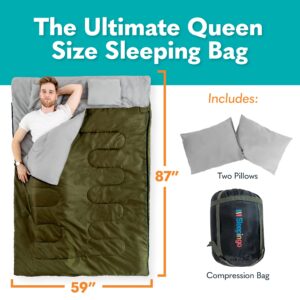 Sleepingo Double Sleeping Bags for Adults Backpacking, Camping, Hiking - Waterproof Queen Sleeping Bag for Adults or Teens - Two Person Sleeping Bag