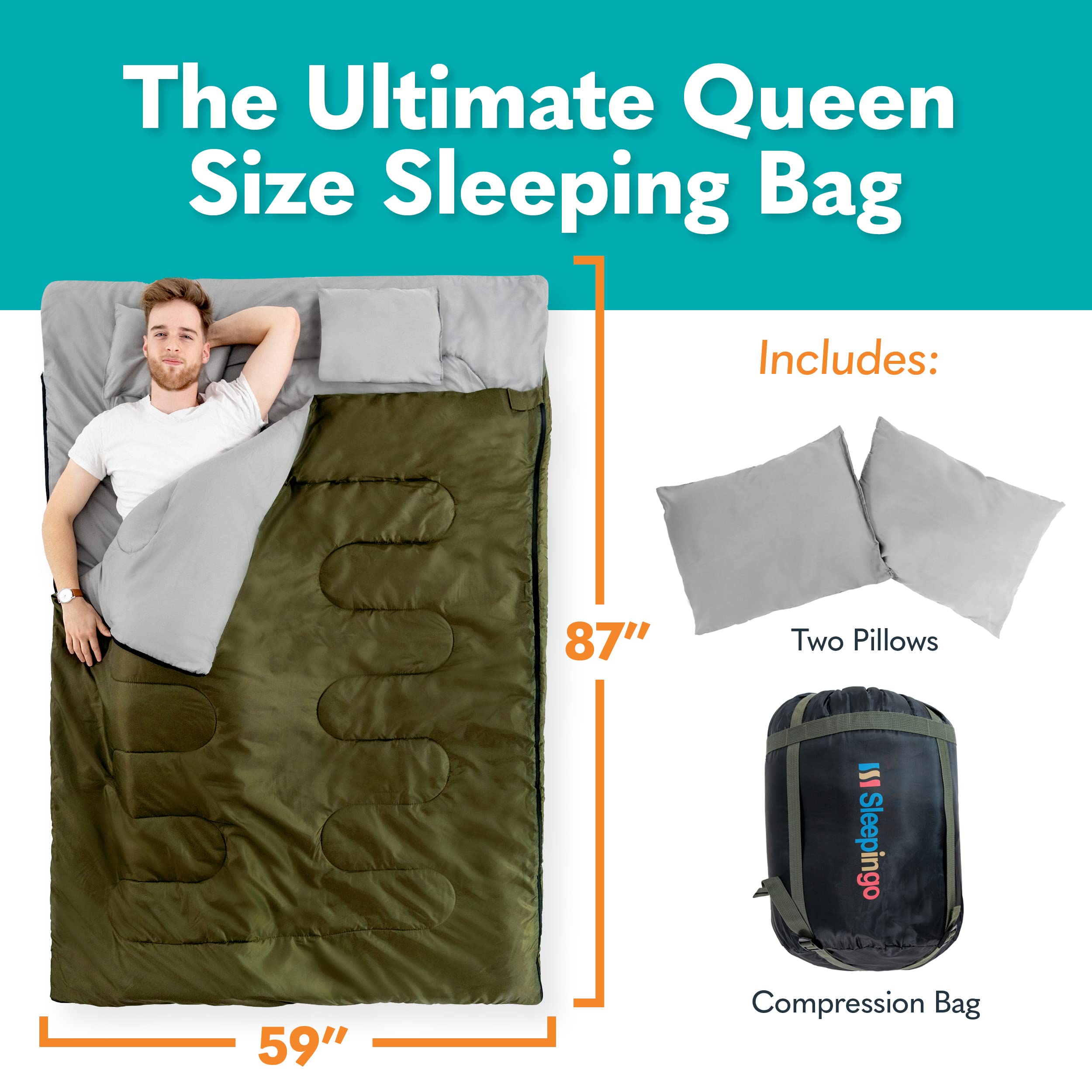 Sleepingo Double Sleeping Bags for Adults Backpacking, Camping, Hiking - Waterproof Queen Sleeping Bag for Adults or Teens - Two Person Sleeping Bag