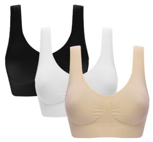 vermilion bird women's 3 pack seamless comfortable sports bra with removable pads 3xl/shirt size 16w,18w black &white &nude