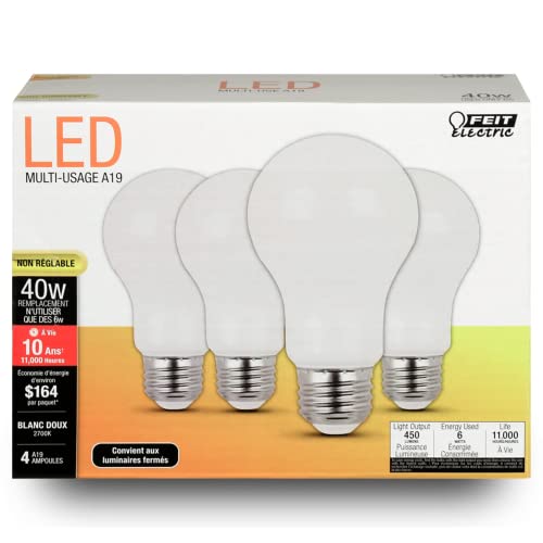 Feit Electric A19 LED Light Bulbs, 40W Equivalent, Non Dimmable, 450 Lumens, E26 Standard Base, 2700k Soft White, 80 CRI, 10 Year Lifetime, Energy Efficient, 4 Pack, A450/827/10KLED/4