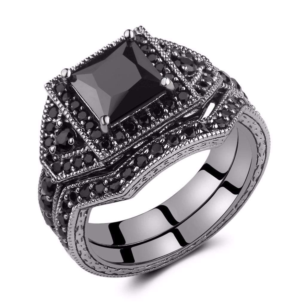 Castillna Black Cubic Zirconia CZ Simulated Diamond Princess Cut Solitaire Halo Bridal Engagement Wedding Rings Sets in Sterling Silver for Women