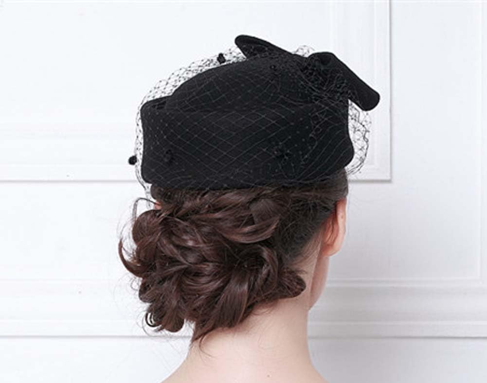 Pillbox Hat Fascinator Beret Wedding Party Top Hat Church Wool Hat for Women (Black)