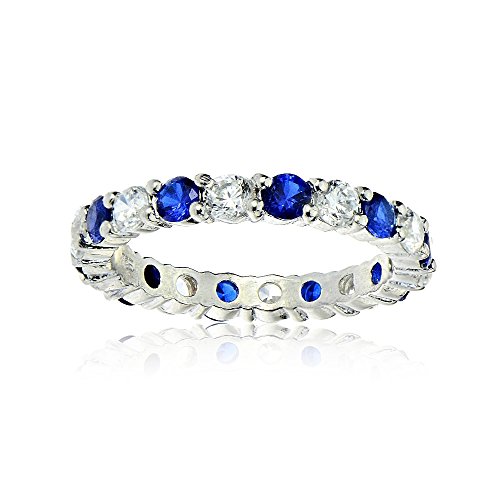 Sterling Silver Created Blue Sapphire and Cubic Zirconia Wedding Band Ring, 8