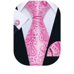 Barry.Wang Paisley Tie Fashion Set Hanky Cufflinks Neckties for Men Woven Silk Pink